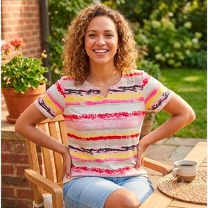 Rebecca Malone Petite XL PXL Pink Yellow Striped V-Neck T-Shirt Top Shirt Casual
